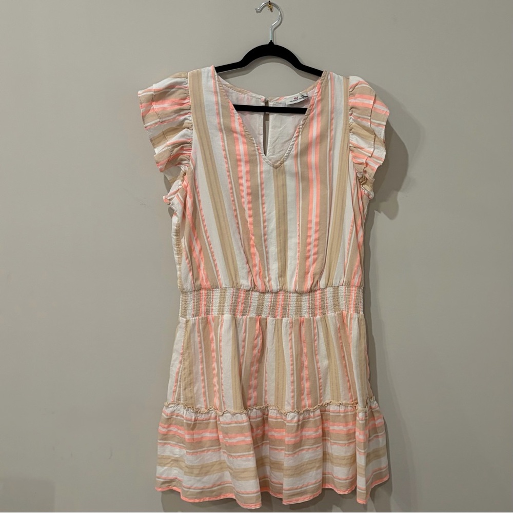 Vineyard Vines Striped Flutter Sleeve Mini Dress Pink Tan White Size L